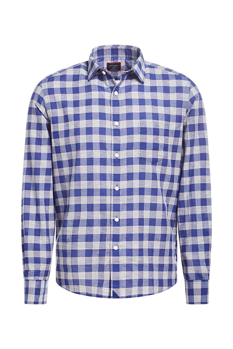 Otrium,UNTUCKit, UNTUCKit Blue & Grey Check Print Linen Long Sleeve Button Up, Blue, Medium-42-TagS