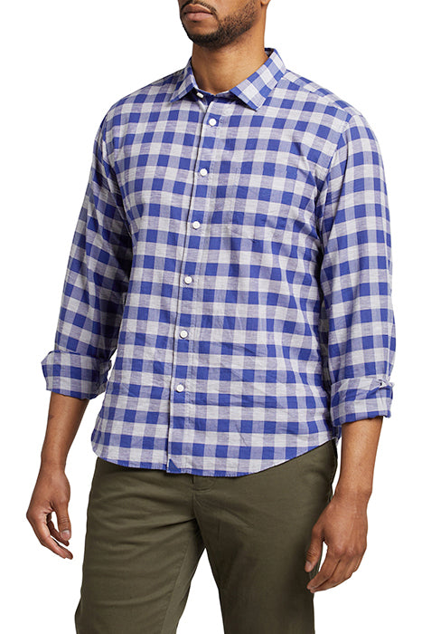 Otrium,UNTUCKit, UNTUCKit Blue & Grey Check Print Linen Long Sleeve Button Up, Blue, Medium-42-TagS