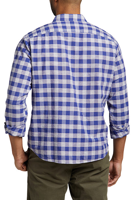 Otrium,UNTUCKit, UNTUCKit Blue & Grey Check Print Linen Long Sleeve Button Up, Blue, Medium-42-TagS