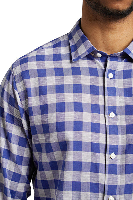 Otrium,UNTUCKit, UNTUCKit Blue & Grey Check Print Linen Long Sleeve Button Up, Blue, Medium-42-TagS