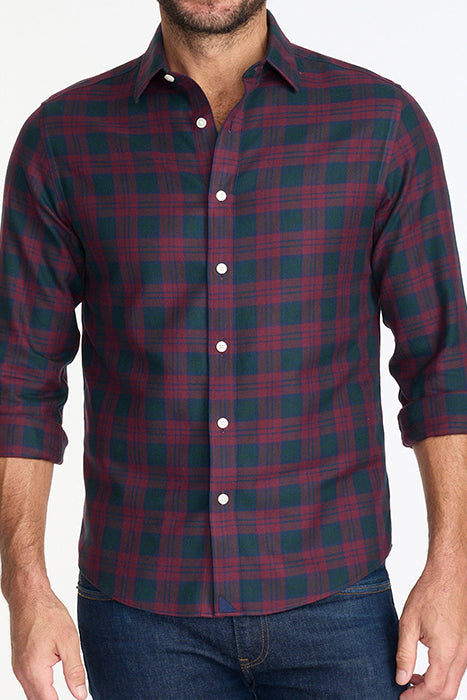 Otrium,UNTUCKit, UNTUCKit Burgundy & Dark Green Plaid Print Long Sleeve Button Up, Red, Large-46-TagL