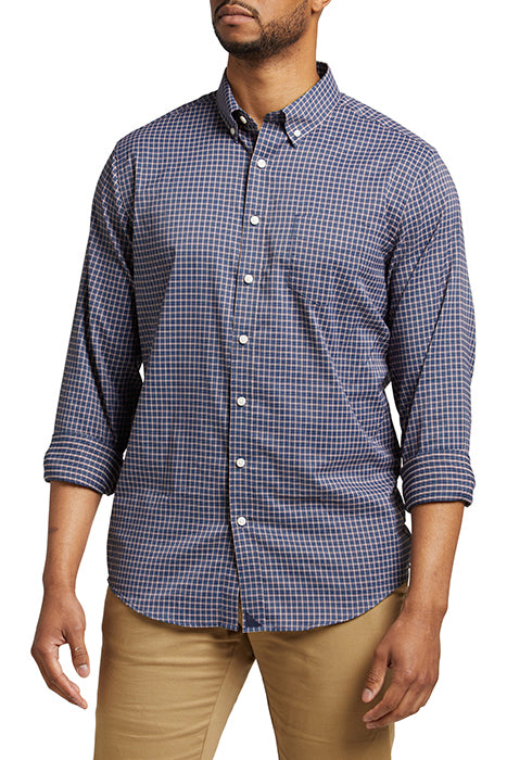 Otrium,UNTUCKit, UNTUCKit Dark Blue Red Grid Print Performance Long Sleeve Button Up, Blue, Medium-42-TagS