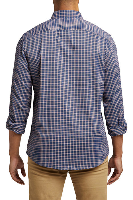 UNTUCKit Dark Blue Red Grid Print Performance Long Sleeve Button Up