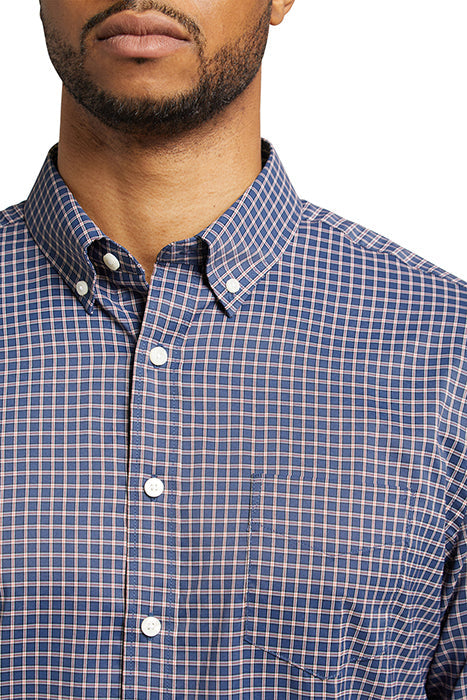 Otrium,UNTUCKit, UNTUCKit Dark Blue Red Grid Print Performance Long Sleeve Button Up, Blue, Medium-42-TagS