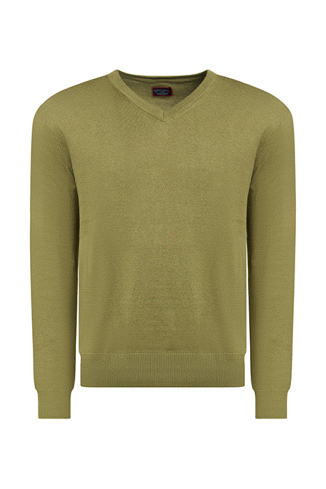 Otrium,UNTUCKit, UNTUCKit Green Cotton-Linen V-Neck Sweater, Green, Medium-40-