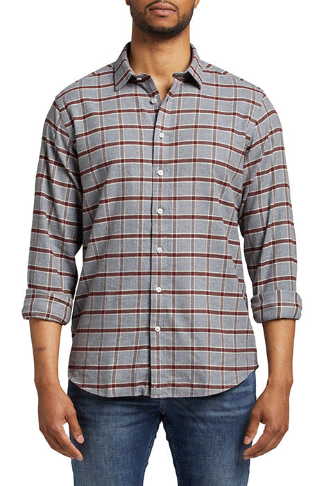 Otrium,UNTUCKit, UNTUCKit Grey & Brown Plaid Slim Fit Flannel Long Sleeve Button Up, Grey, Small-41-TagS