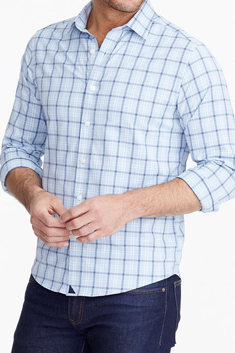 Otrium,UNTUCKit, UNTUCKit Light Blue Plaid Print Performance Long Sleeve Button Up, Blue, Medium-42-TagS