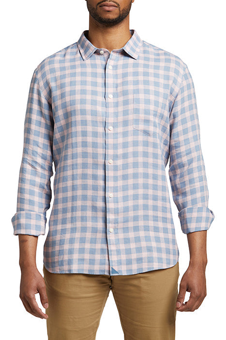 Otrium,UNTUCKit, UNTUCKit Pastel Pink & Blue Check Print Linen Slim Fit Long Sleeve Button Up, Pink, Small-40-TagS