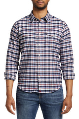 UNTUCKit Navy Red White Plaid Print Flannel Slim Fit Long Sleeve Button Up