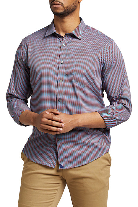 Otrium,UNTUCKit, UNTUCKit Blue Red Black Micro Check Print Slim Fit Performance Long Sleeve Button Up, Blue, Small-42-TagS