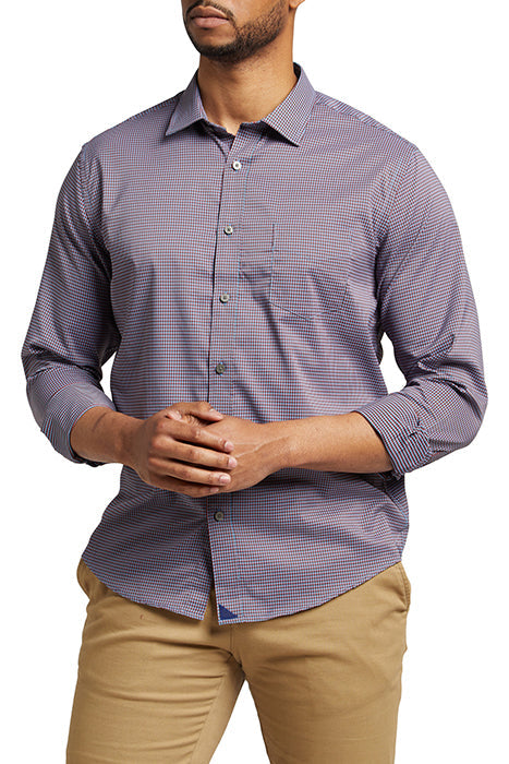 Otrium,UNTUCKit, UNTUCKit Blue Red Black Micro Check Print Slim Fit Performance Long Sleeve Button Up, Blue, Small-42-TagSSmall-40-TagS