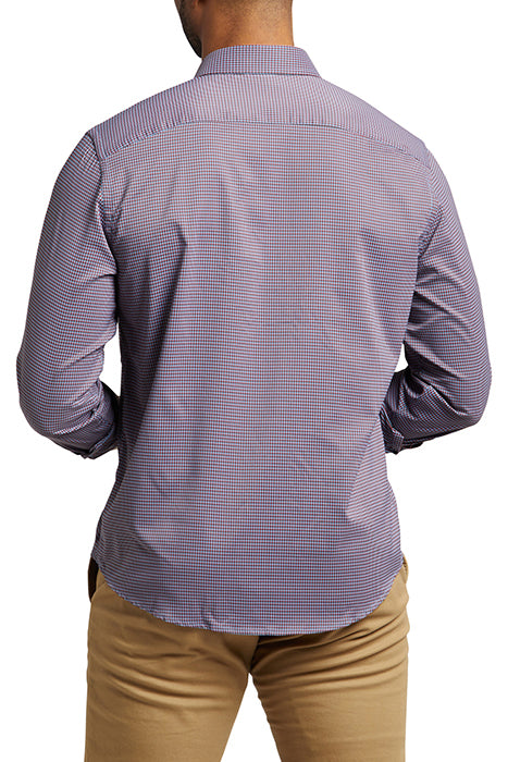 Otrium,UNTUCKit, UNTUCKit Blue Red Black Micro Check Print Slim Fit Performance Long Sleeve Button Up, Blue, Small-42-TagS