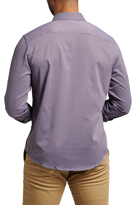 Otrium,UNTUCKit, UNTUCKit Blue Red Black Micro Check Print Slim Fit Performance Long Sleeve Button Up, Blue, Small-42-TagSSmall-40-TagS