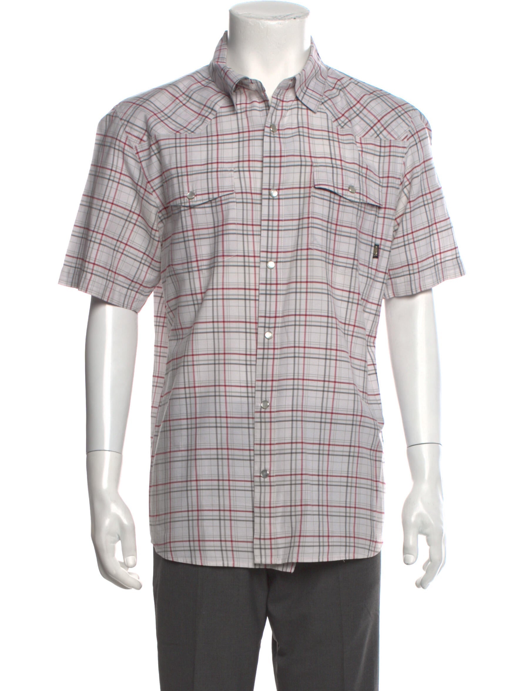 The RealReal,Vans, Vans Light Grey & Red Plaid Short Sleeve Button Up Shirt, Grey, Large-42-TagL