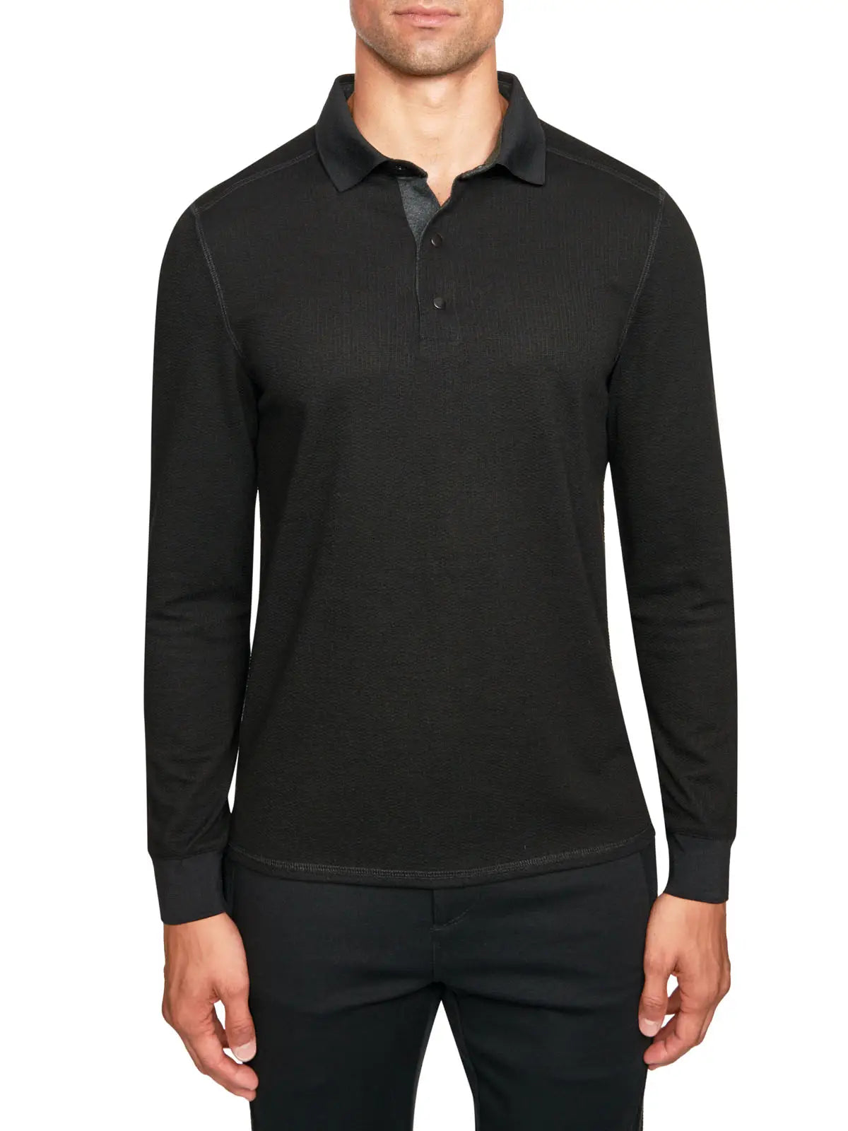 Faire,W.R.K., W.R.K Black Pique Knit Long Sleeve Button Up Polo, Black, Large-44-TagL