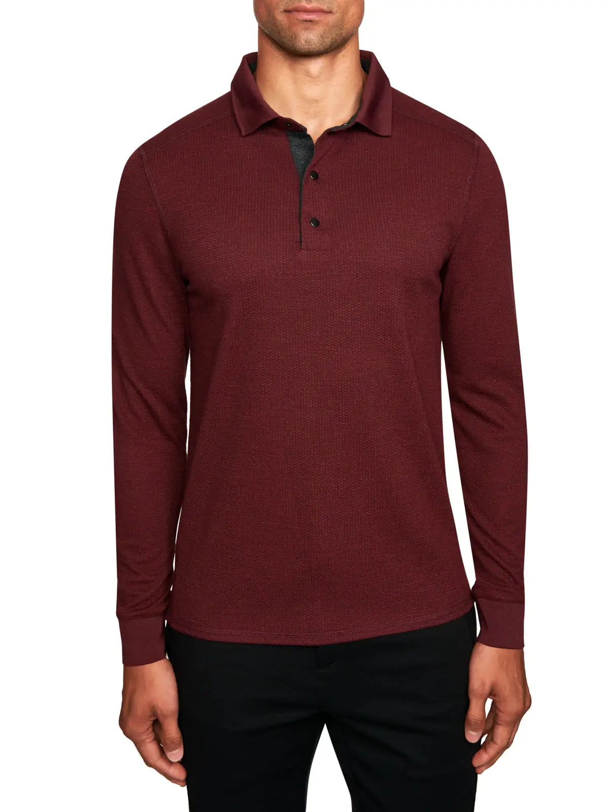 Faire,W.R.K., W.R.K Burgundy Pique Knit Long Sleeve Button Up Polo, Red, Large-44-TagL