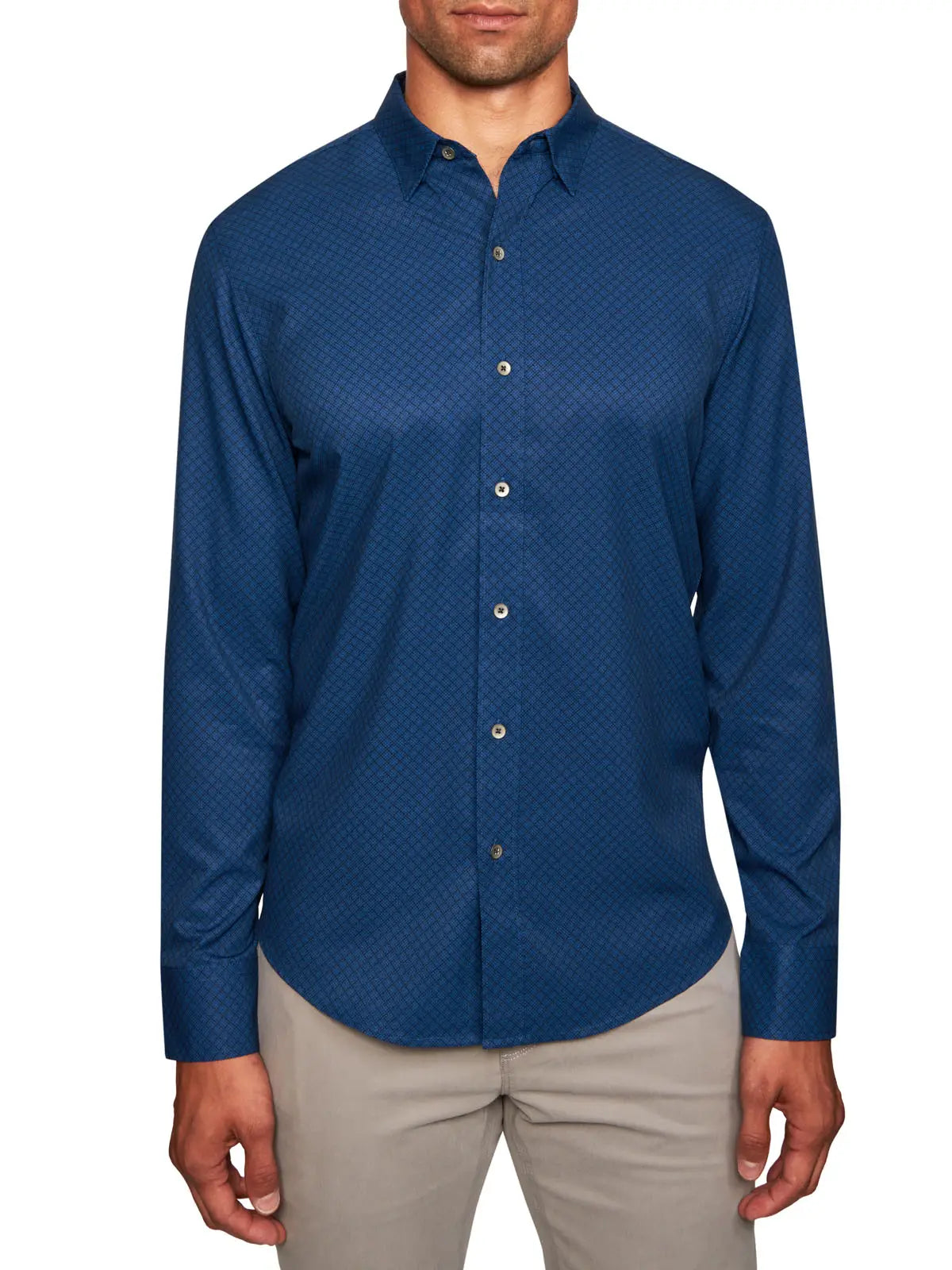 Faire,W.R.K., W.R.K Dark Blue Diamond Texture Grid 4-Way Stretch Long Sleeve Button Up Shirt, Blue, Large-44-TagL