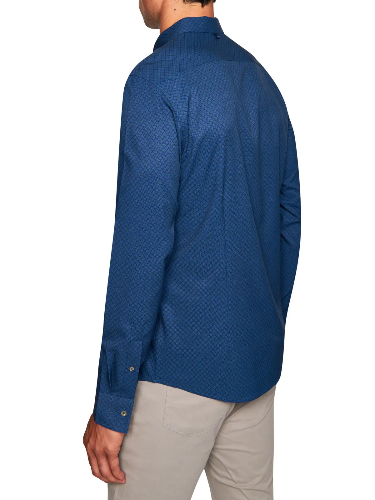 Faire,W.R.K., W.R.K Dark Blue Diamond Texture Grid 4-Way Stretch Long Sleeve Button Up Shirt, Blue, Large-44-TagL