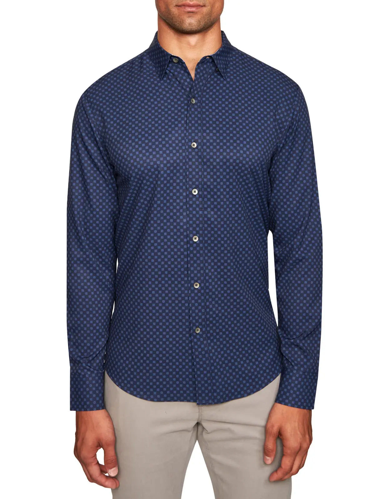 Faire,W.R.K., W.R.K Dark Blue Medallion Square Dot Print 4-Way Stretch Long Sleeve Button Up, Blue, Small-40-TagS