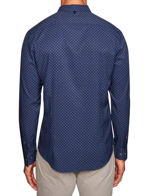 W.R.K Dark Blue Medallion Square Dot Print 4-Way Stretch Long Sleeve Button Up