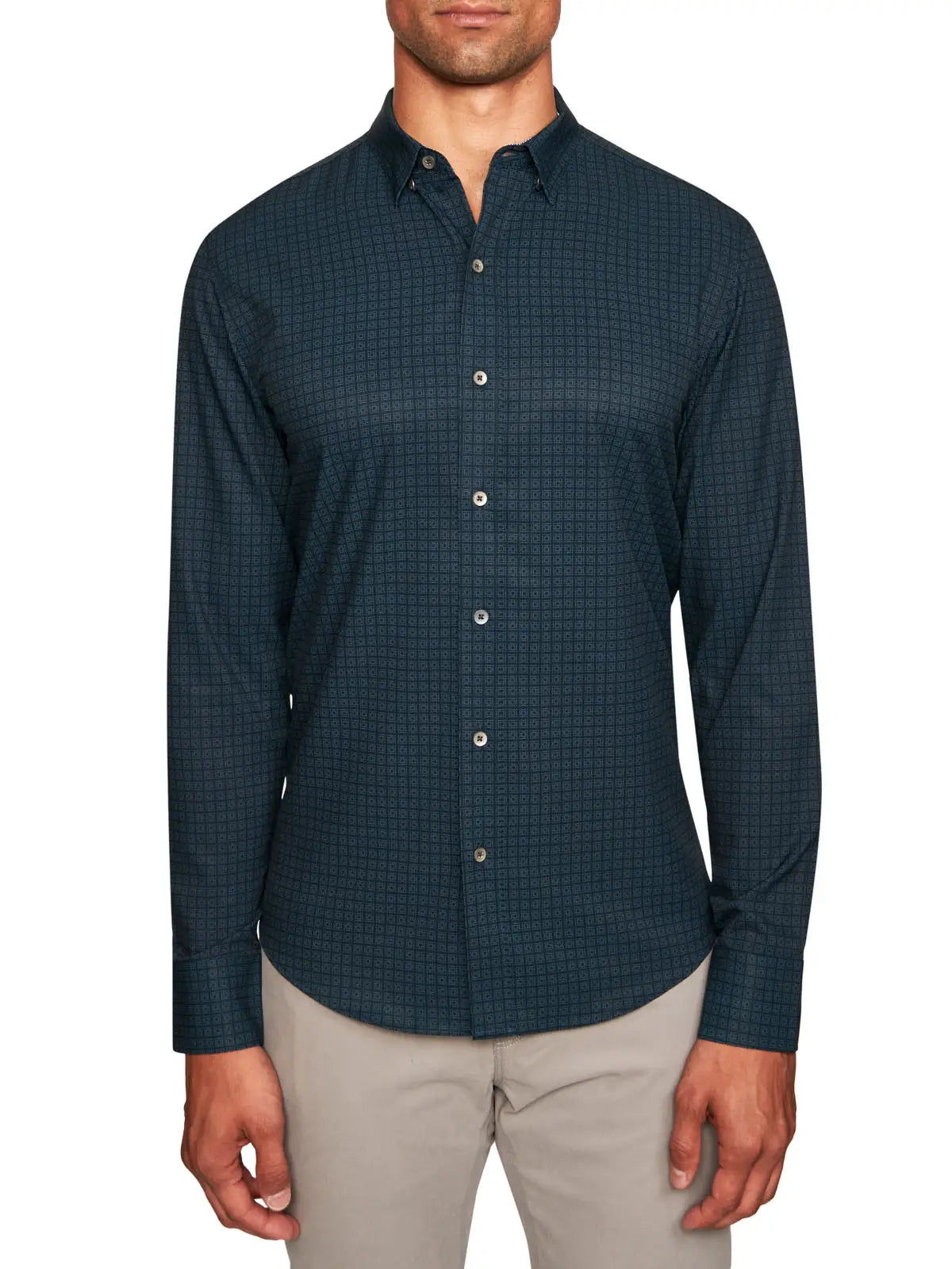 Faire,W.R.K., W.R.K Dark Teal Grid Print 4-Way Stretch Long Sleeve Button Up Shirt, Blue, Large-44-TagL