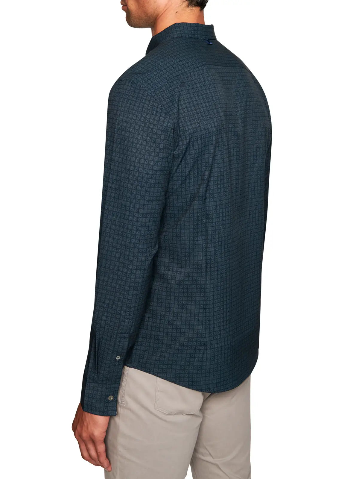 Faire,W.R.K., W.R.K Dark Teal Grid Print 4-Way Stretch Long Sleeve Button Up Shirt, Blue, Large-44-TagL