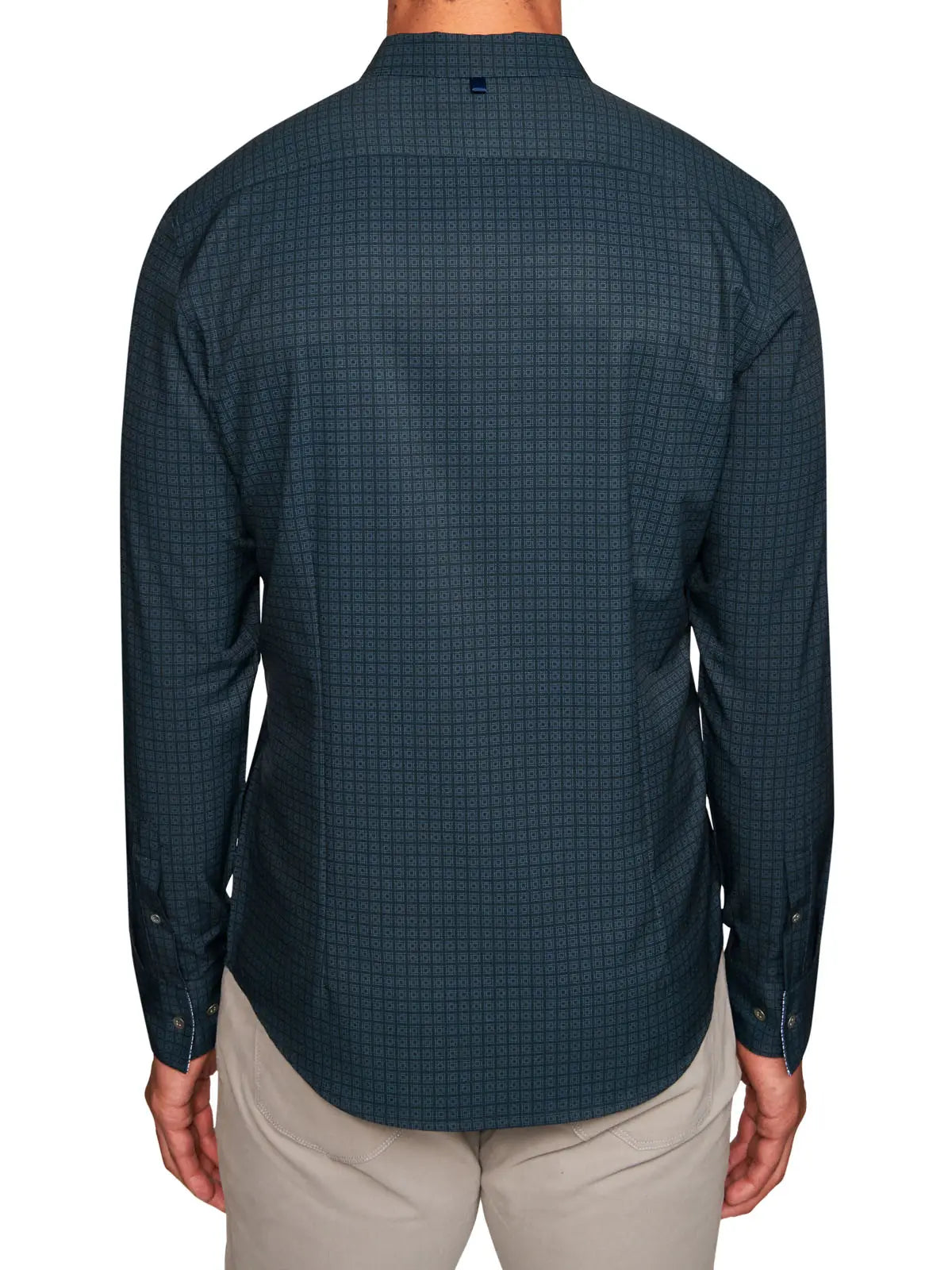 Faire,W.R.K., W.R.K Dark Teal Grid Print 4-Way Stretch Long Sleeve Button Up Shirt, Blue, Large-44-TagL