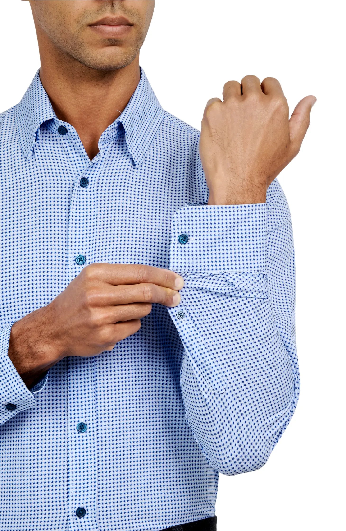 Faire,W.R.K., W.R.K Light Blue Houndstooth 4-Way Stretch Performance Long Sleeve Button Up Shirt, Blue, Large-47-TagL