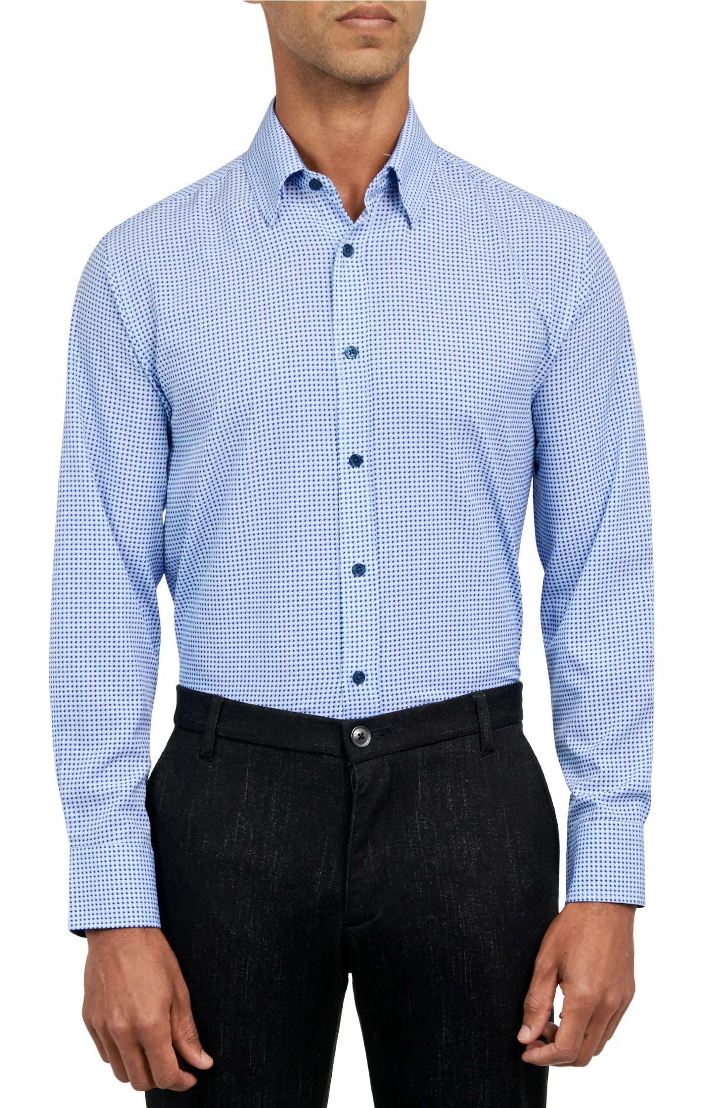 Faire,W.R.K., W.R.K Light Blue Houndstooth 4-Way Stretch Performance Long Sleeve Button Up Shirt, Blue, Extra Extra Large-52-TagXXL