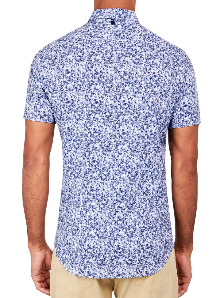 Faire,W.R.K., W.R.K Medium Blue Abstract Printed 4-Way Stretch Short Sleeve Shirt, Blue, Large-44-TagL