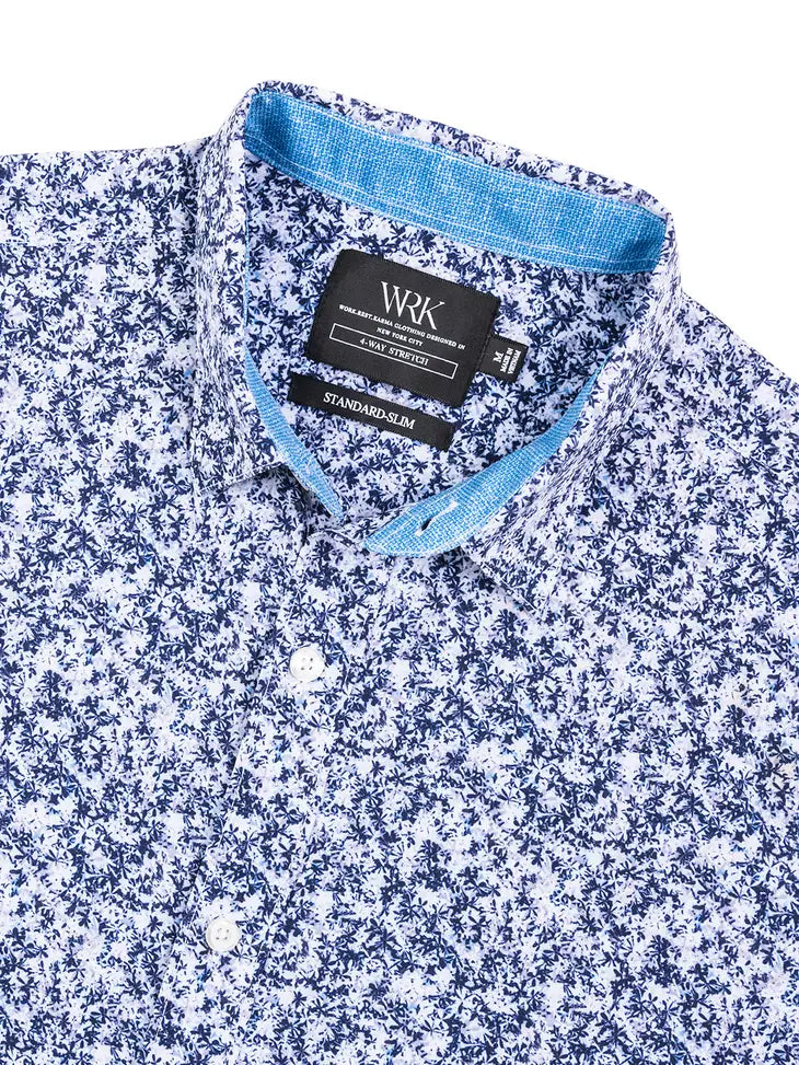Faire,W.R.K., W.R.K Medium Blue Abstract Printed 4-Way Stretch Short Sleeve Shirt, Blue, Large-44-TagL