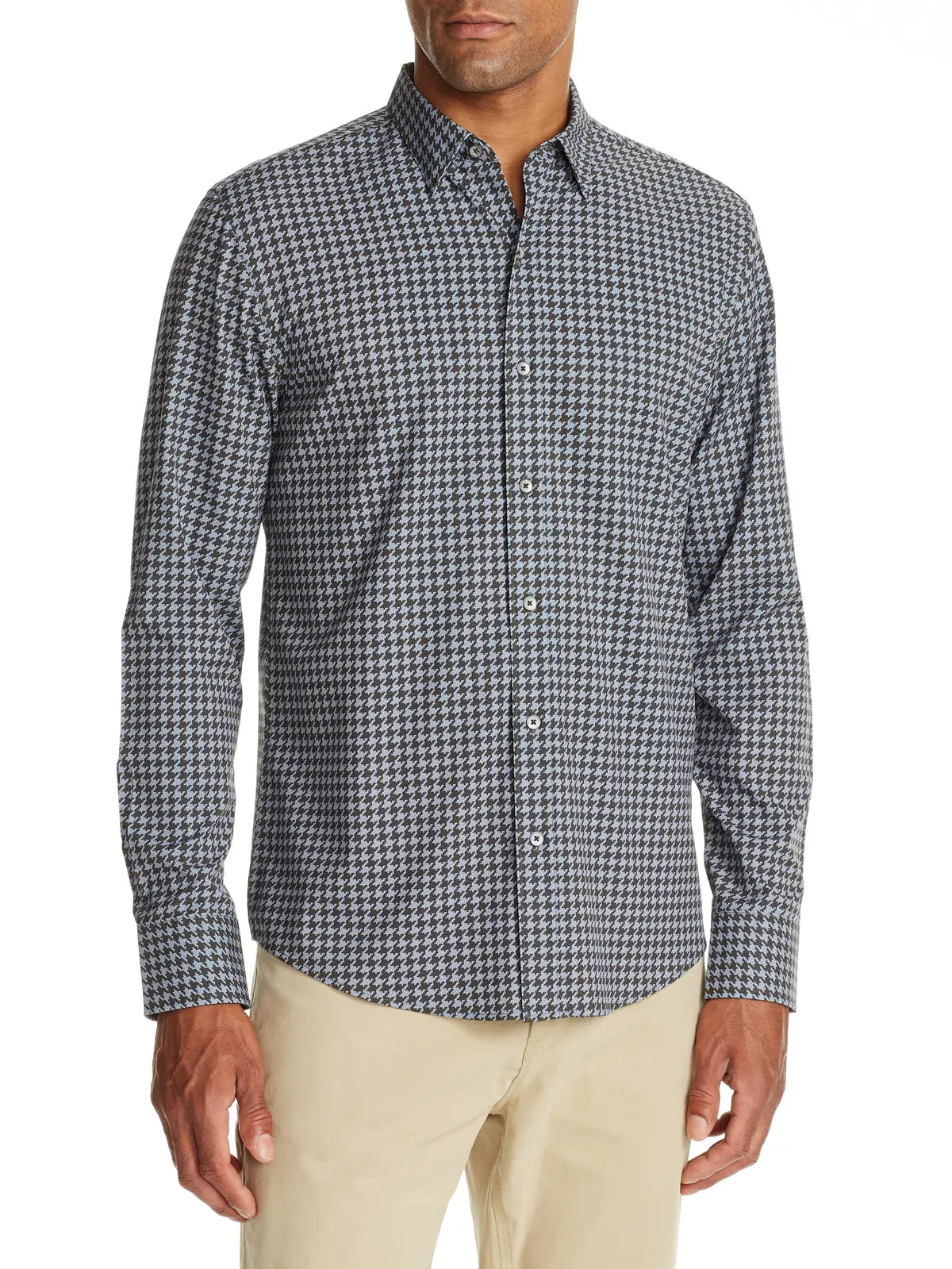 Faire,W.R.K., W.R.K Olive Green & Blue Houndstooth Print 4-Way Stretch Long Sleeve Button Up, Green, Large-44-TagL