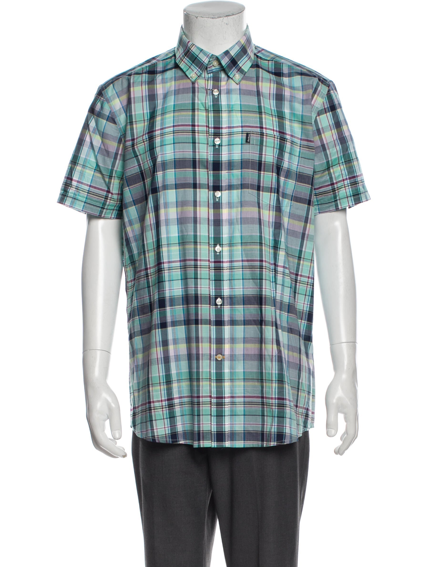 The RealReal,Barbour, Barbour Green & Navy Plaid Print Short Sleeve Button Up Shirt, Green, Large-47-TagL