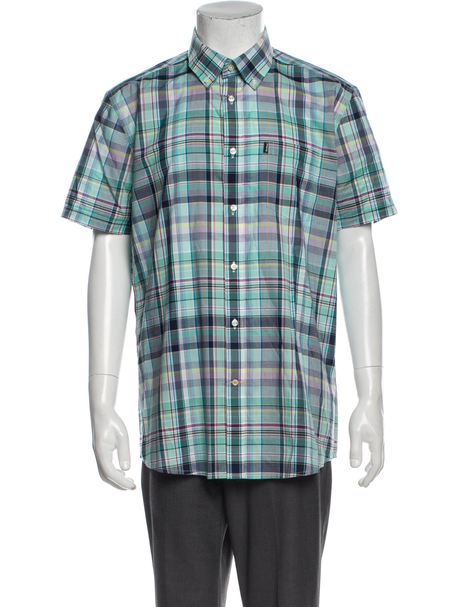 The RealReal,Barbour, Barbour Green & Navy Plaid Print Short Sleeve Button Up Shirt, Green, Small-42-TagSLarge-47-TagLMedium-46-TagM