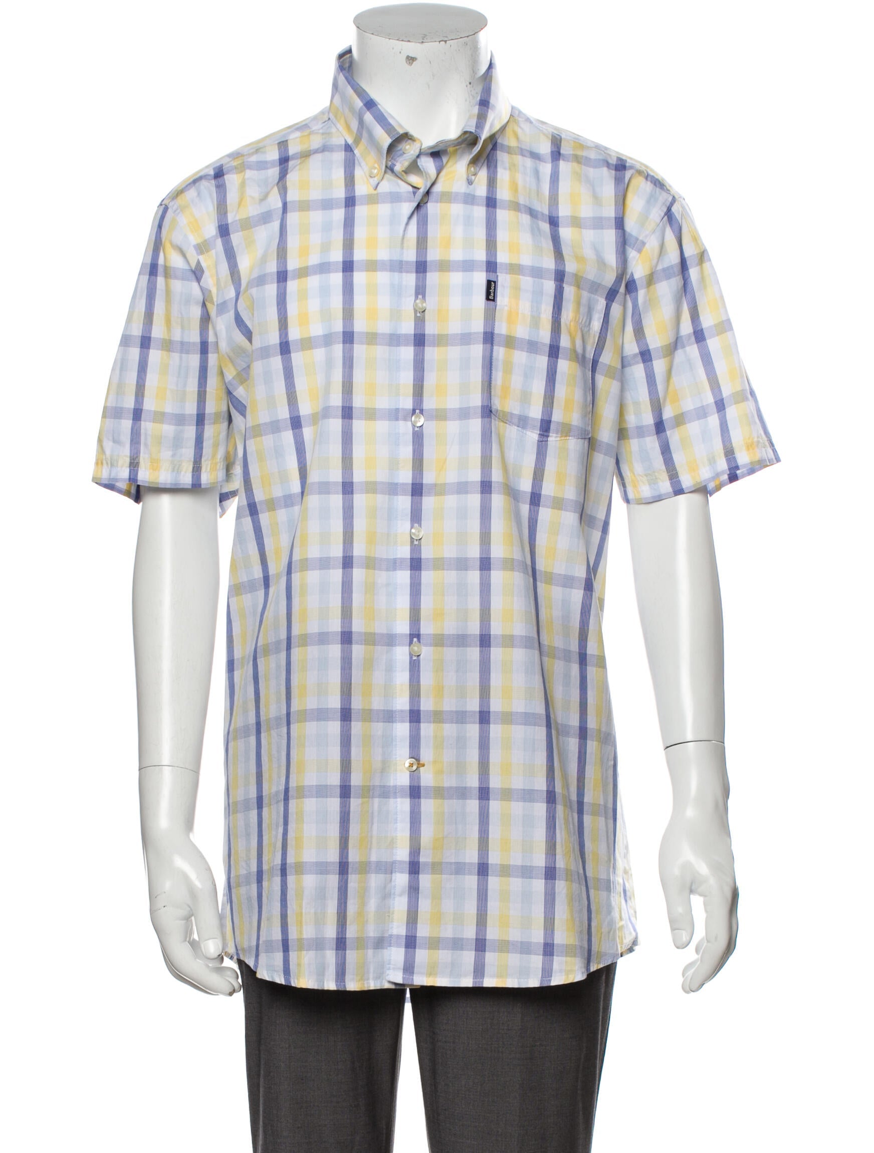 The RealReal,Barbour, Barbour Blue & Yellow Plaid Print Short Sleeve Button Up Shirt, Blue, Large-47-TagL