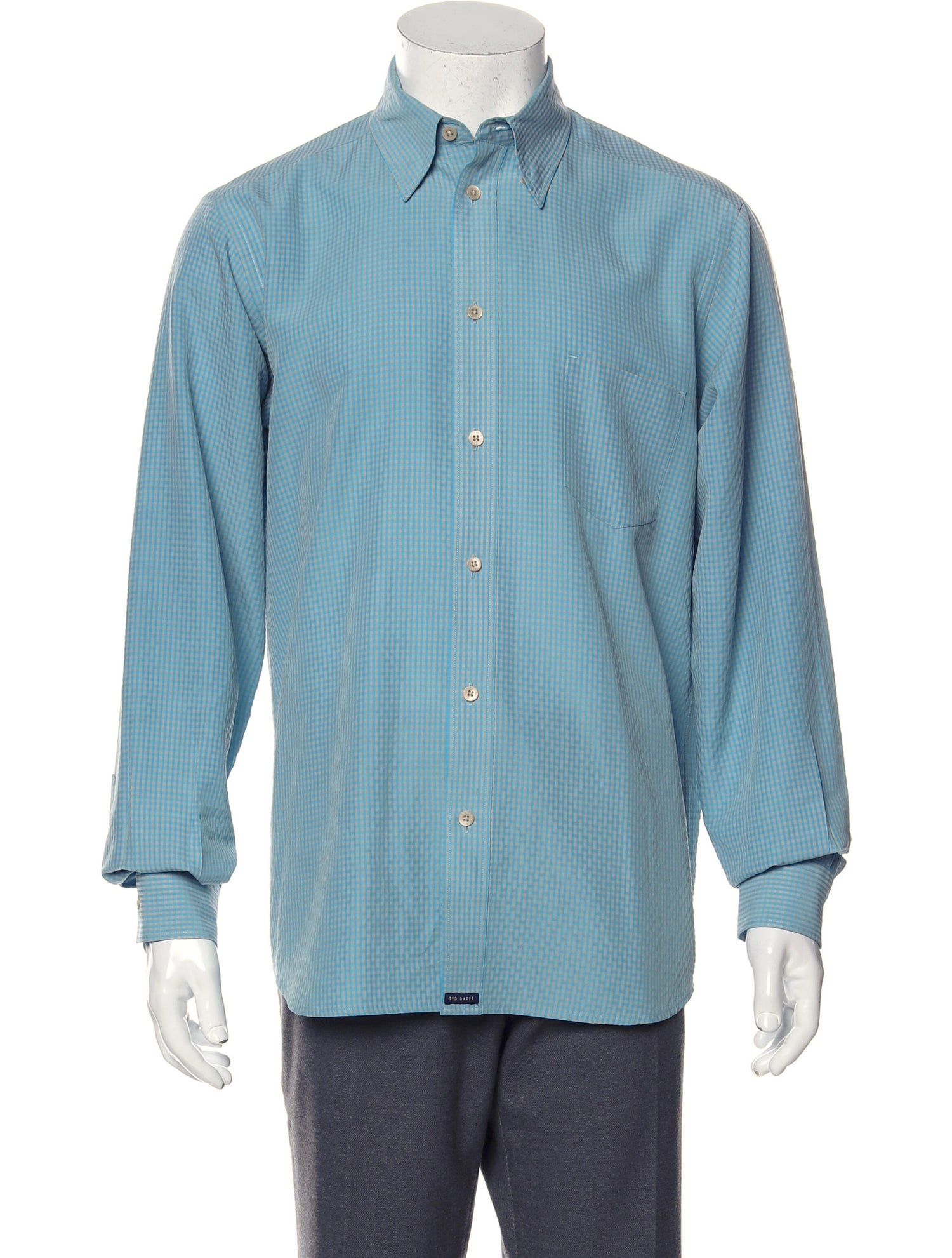The RealReal,Ted Baker, Ted Baker Teal Mini Check Print Performance Button Up Shirt, Blue, Large-46-TagL