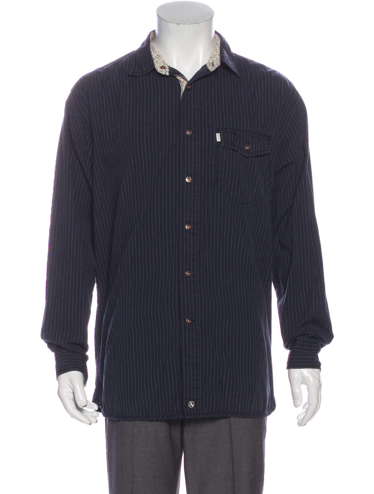 The RealReal, Aigle Navy Stripe Flap Pocket Button Up Shirt, Blue, Large-46-TagL