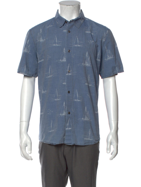 A.P.C. Blue Sailboat Print Short Sleeve Button Up Shirt