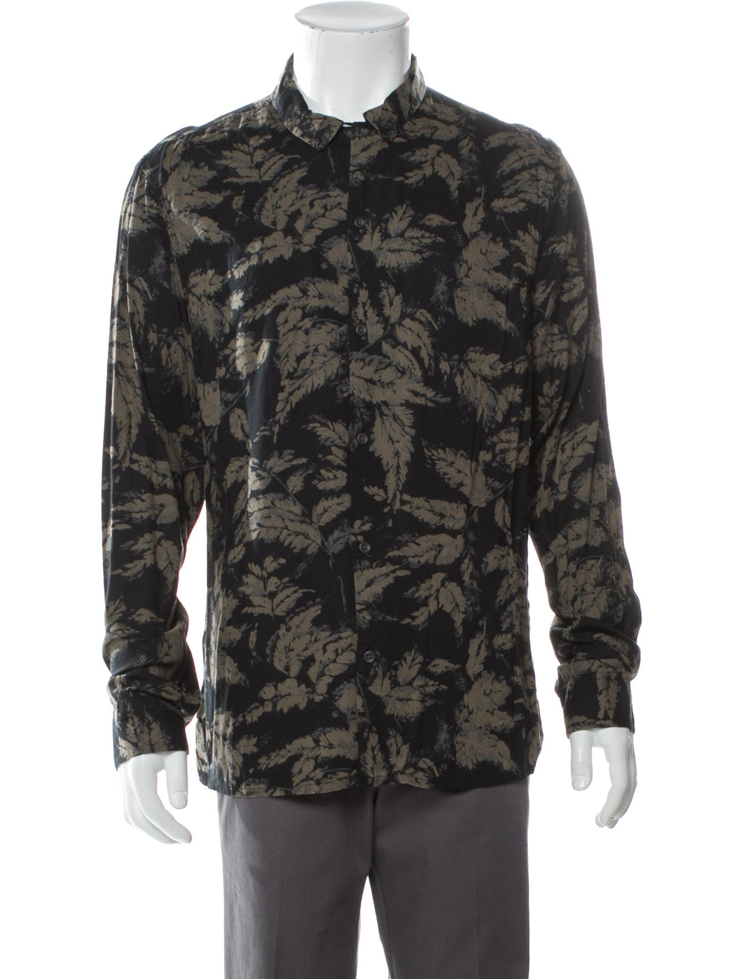 The RealReal,AllSaints, AllSaints Black Abstract Feather Print Button Up Shirt, Black, Large-43-TagL