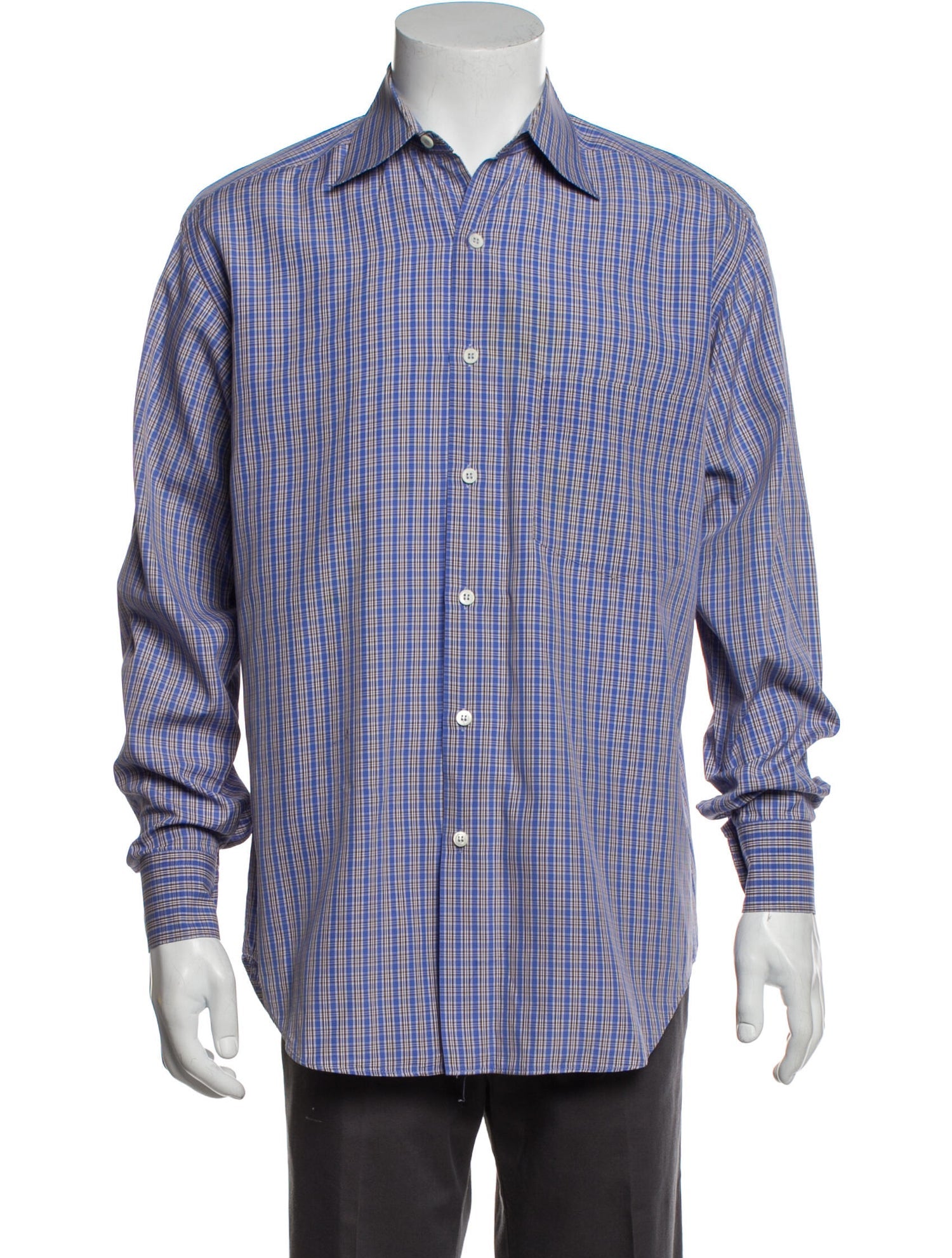 The RealReal,Barney's New York, Barney's New York Blue & Brown Micro Plaid Print Button Up Shirt, Blue, Large-47-TagS