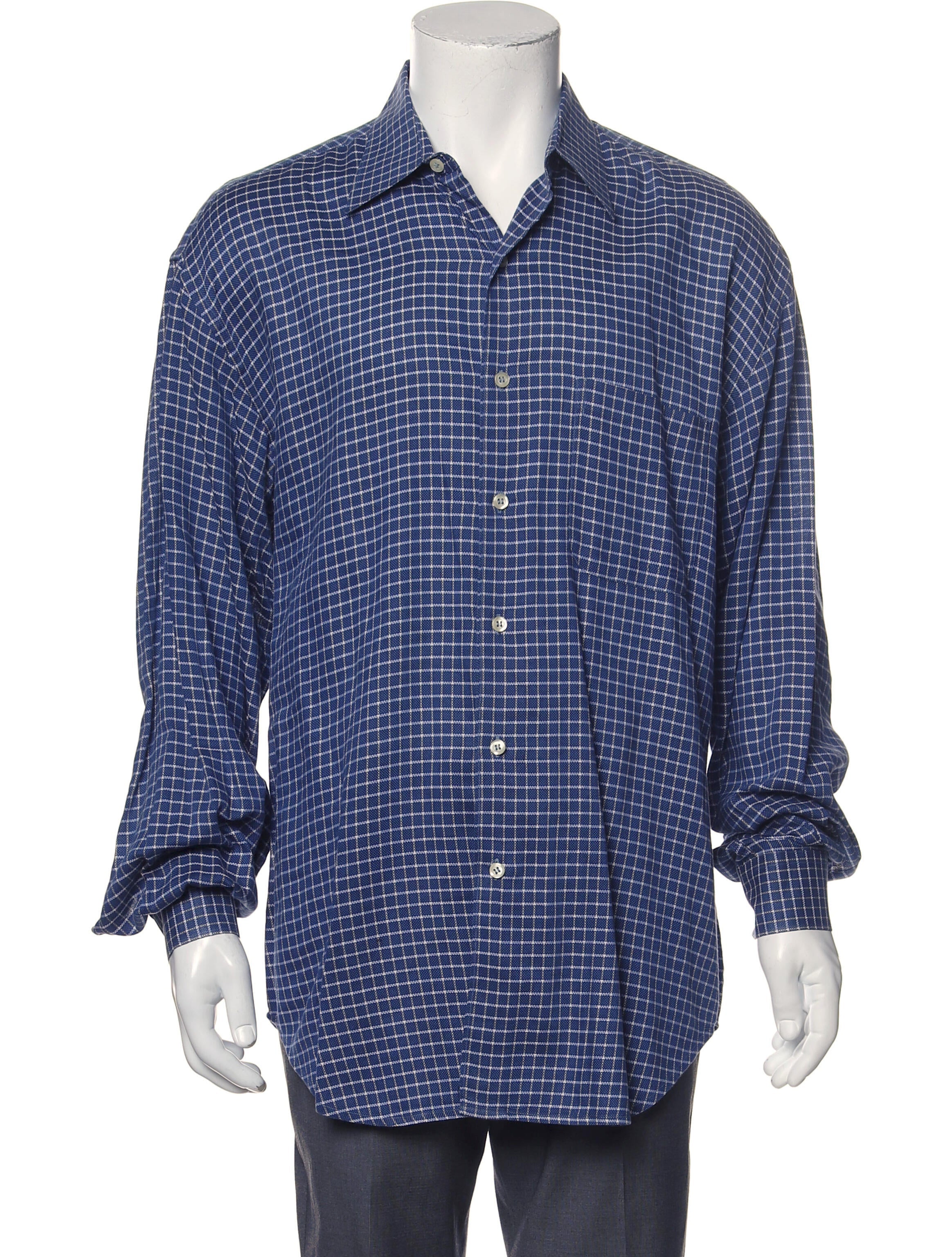 The RealReal, Barney's New York Blue Mini Grid Print Button Up Shirt, Blue, Extra Large-48-TagXL