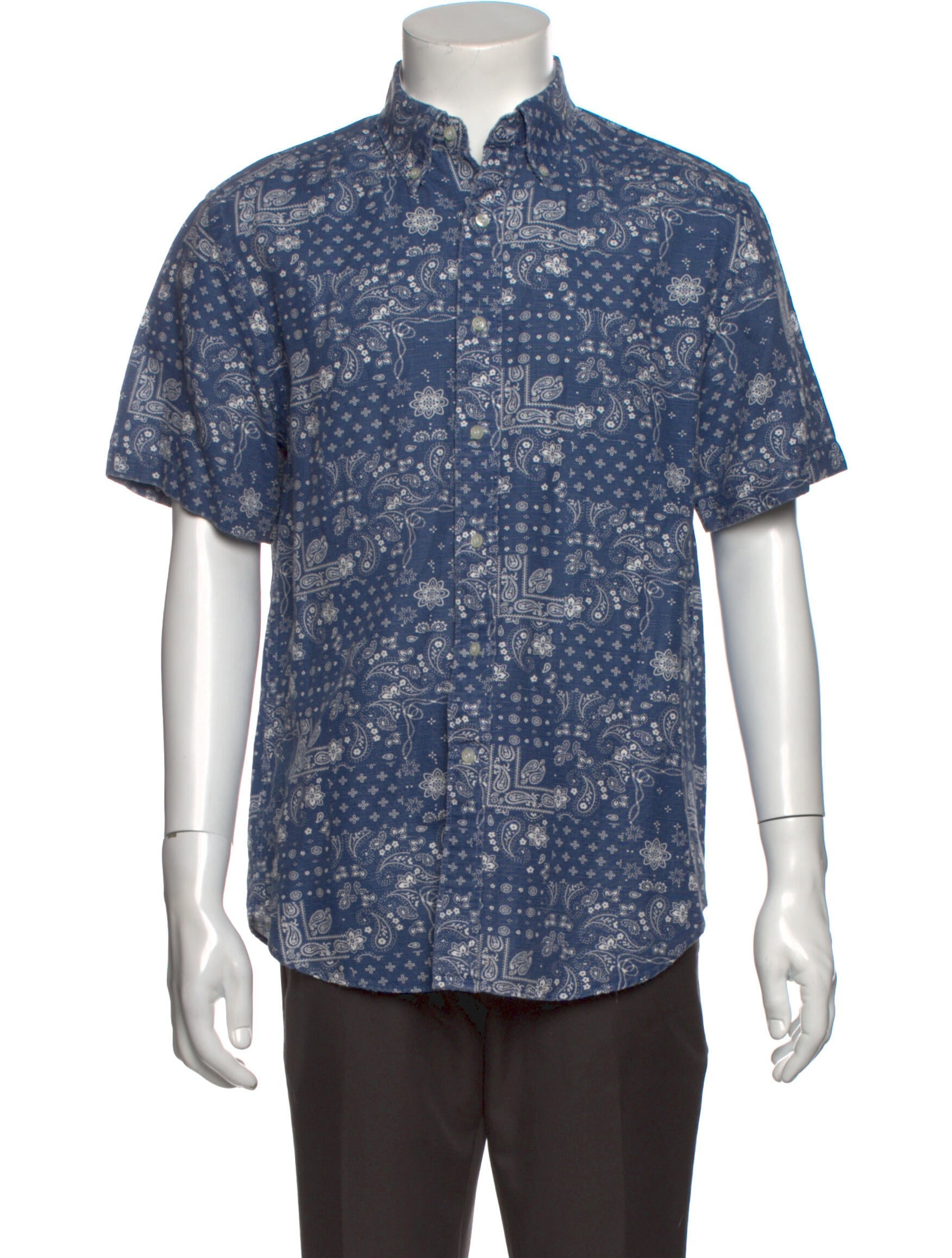 The RealReal, Barney's New York Blue Linen Blend Bandana Print Short Sleeve Button Up Shirt, Blue, Medium-44-TagM