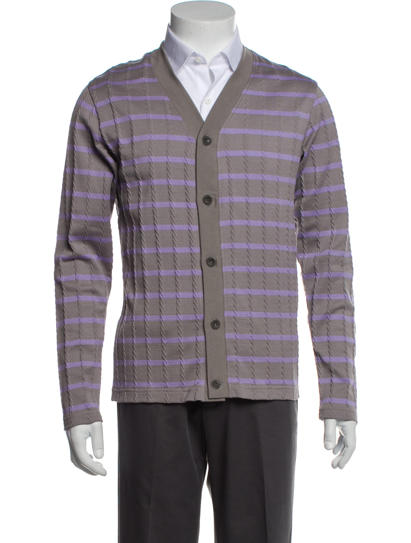 The RealReal,Clot, Clot Grey & Purple Striped Cardigan With Cable Detail, Grey, Medium-41-TagM