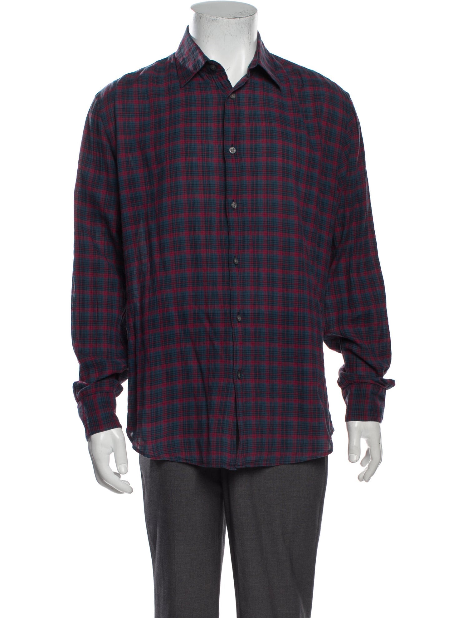 The RealReal,John Varvatos, John Varvatos Navy & Red Plaid Slim Fit Long Sleeve Shirt, Blue, Large-45-TagM