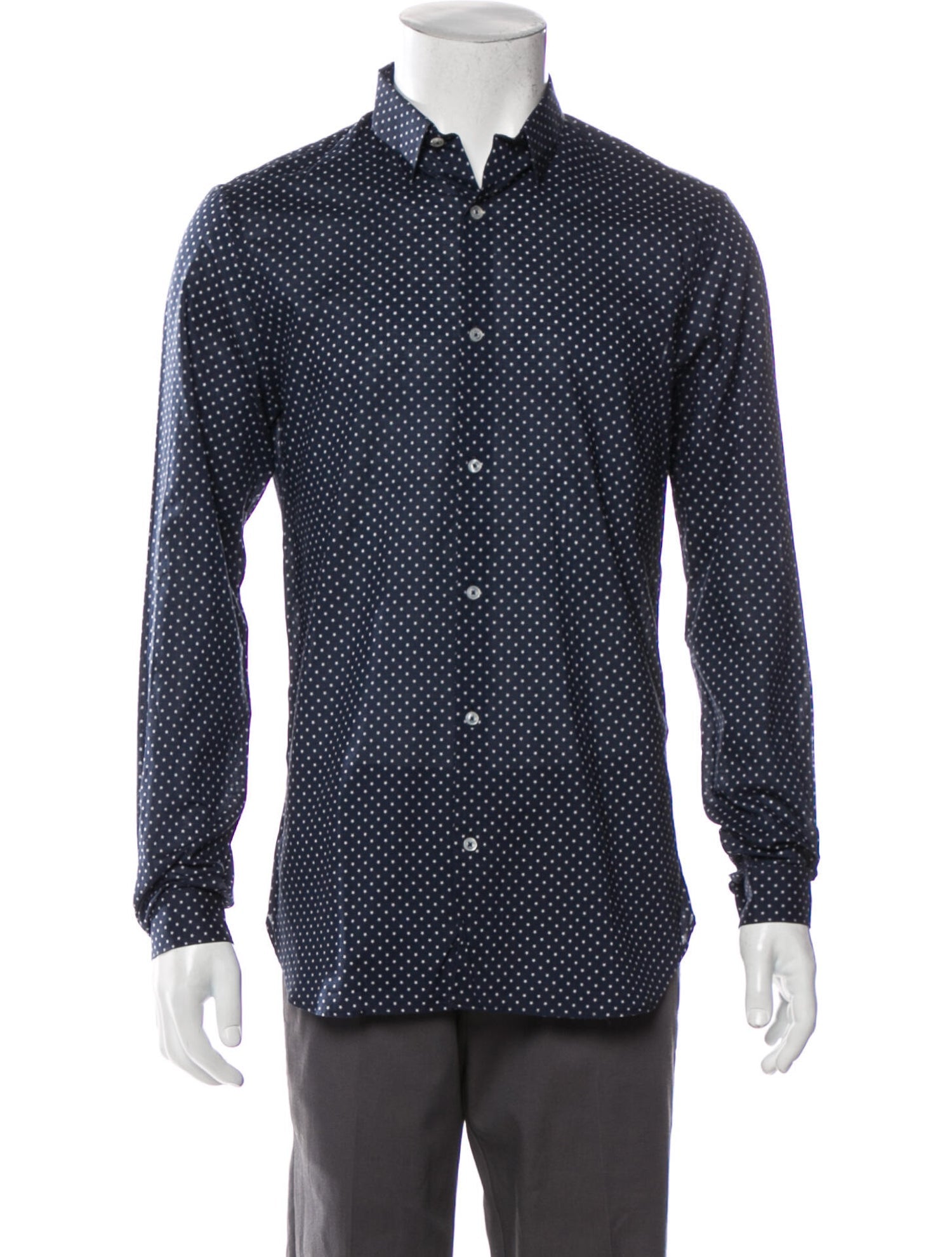 The RealReal,The Kooples, The Kooples Navy Tonal Pin Dot Print Covered Button Slim Fit Shirt, Blue, Small-41-TagS