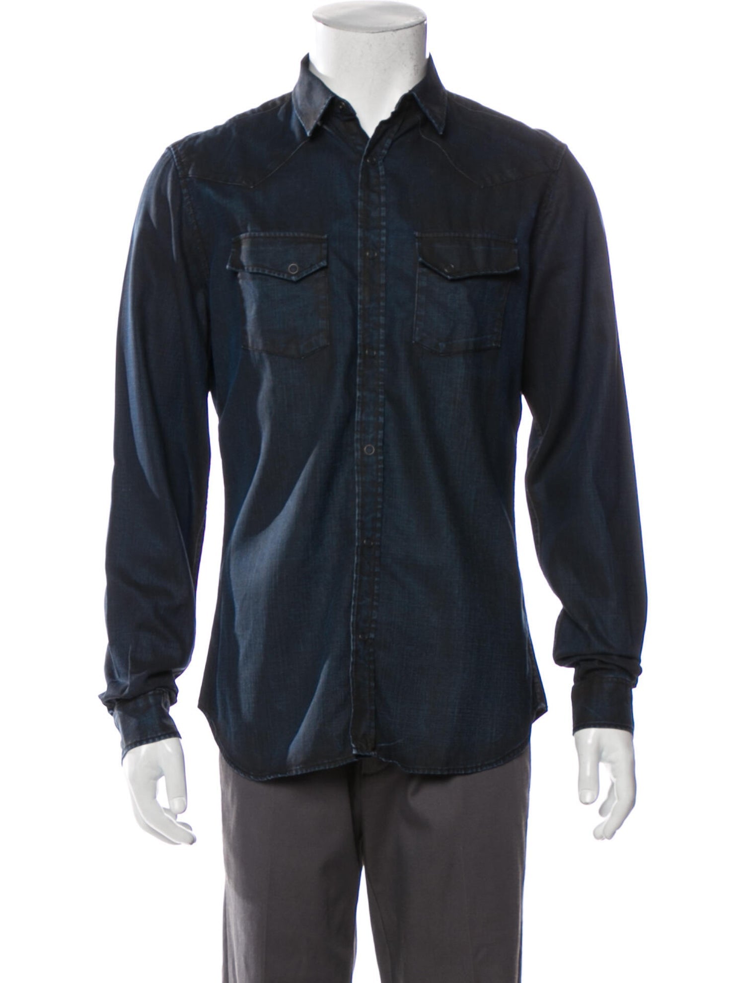 The RealReal,The Kooples, The Kooples Dark Blue Waxed Denim Western Snap Front Shirt, Blue, Small-40-TagM