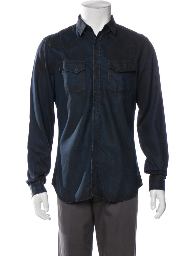 The Kooples Dark Blue Waxed Denim Western Snap Front Shirt