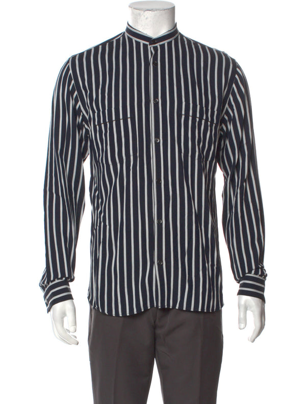 The Kooples Dark Blue & White Striped Mandarin Collar Long Sleeve Button Up Shirt