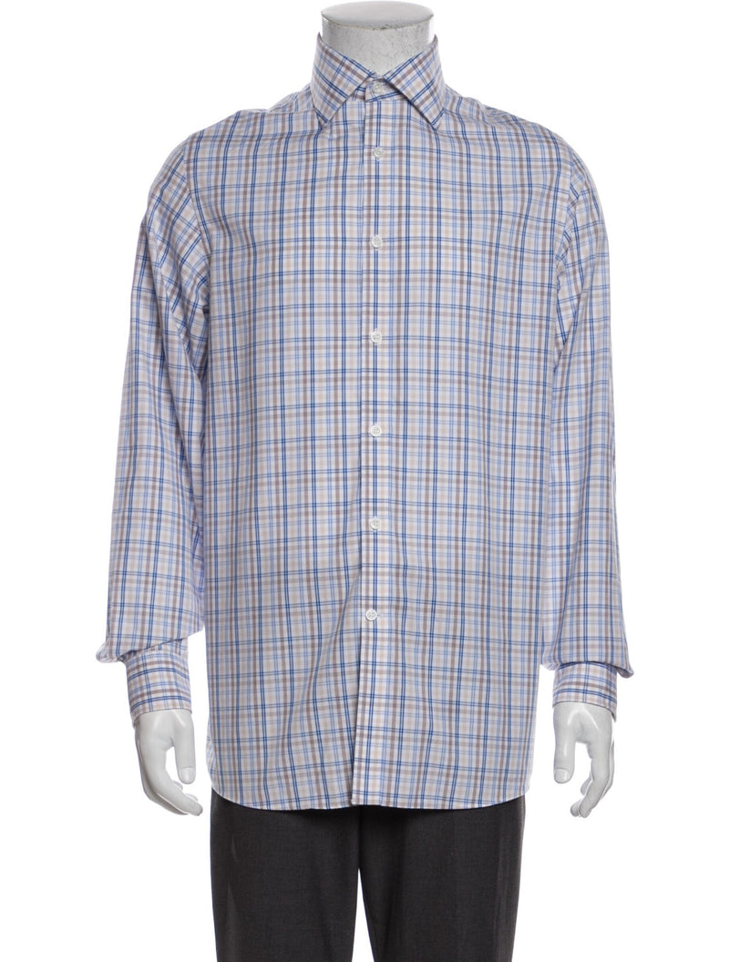 Michael Kors Blue & Beige Plaid Print Button Up Shirt