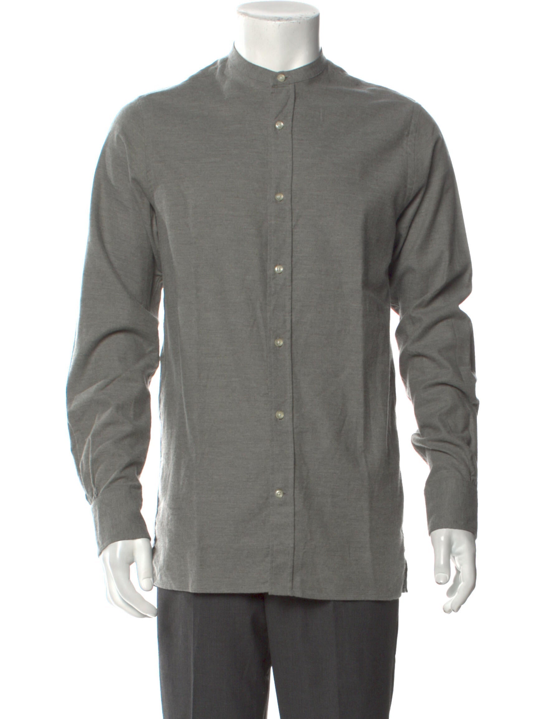 Officine Generale, Officine Generale Grey Button Up Shirt w/ Mandarin Collar, Grey, Small-39-TagS